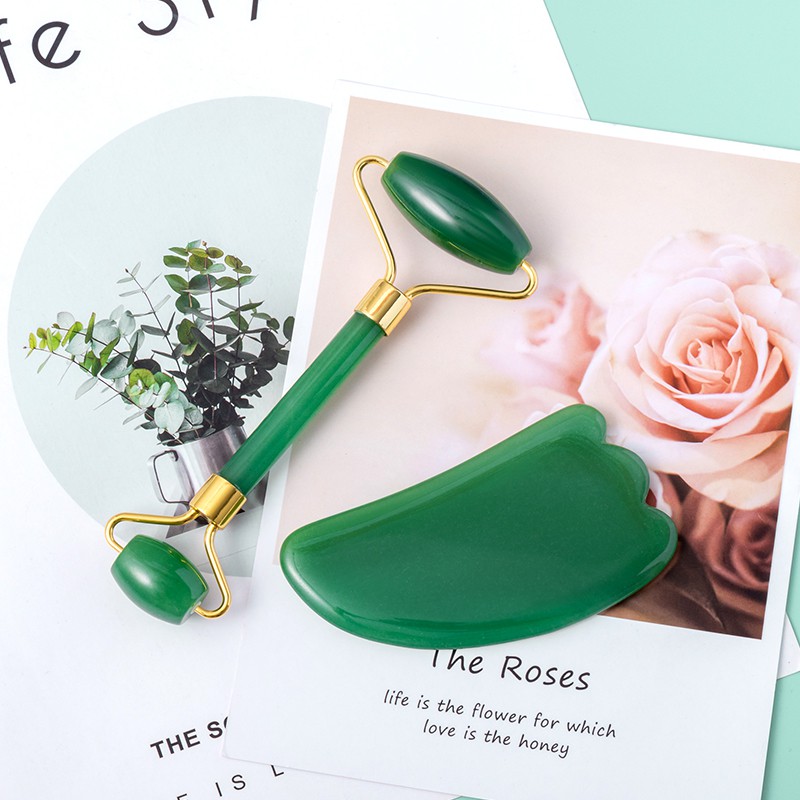 Gua Sha &amp; Roller Facial Massage - Alat Pijat wajah original batu Green Aventurine