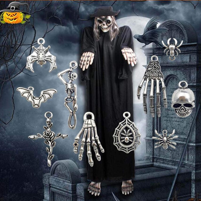 50pcs Liontin Bentuk Tengkorak Kelelawar Halloween Warna Silver Untuk Membuat Perhiasan DIY