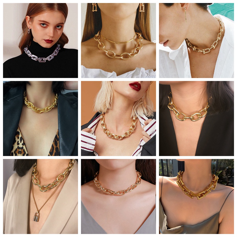 Kalung Choker Rantai Tebal Warna Silver / Gold Gaya Punk Untuk Wanita