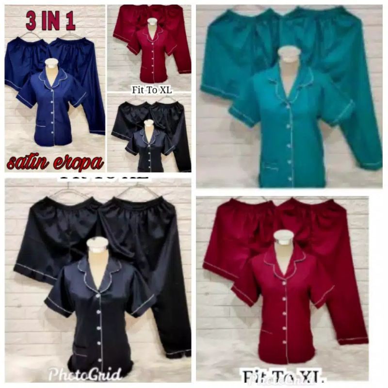 LoverFashion Piyama 3in1  Bahan Satin polos