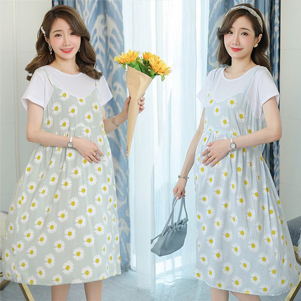 TERMURAH -   Pregnant Dress Large Size Summer Little Daisy Print Fake Two piece Dress