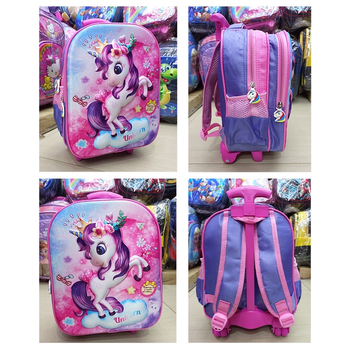 Tas Roda Dorong Trolley Anak PEREMPUAN Sekolah TK KARAKTER KUDA PONY LILAC 3D MAHKOTA TIMBUL