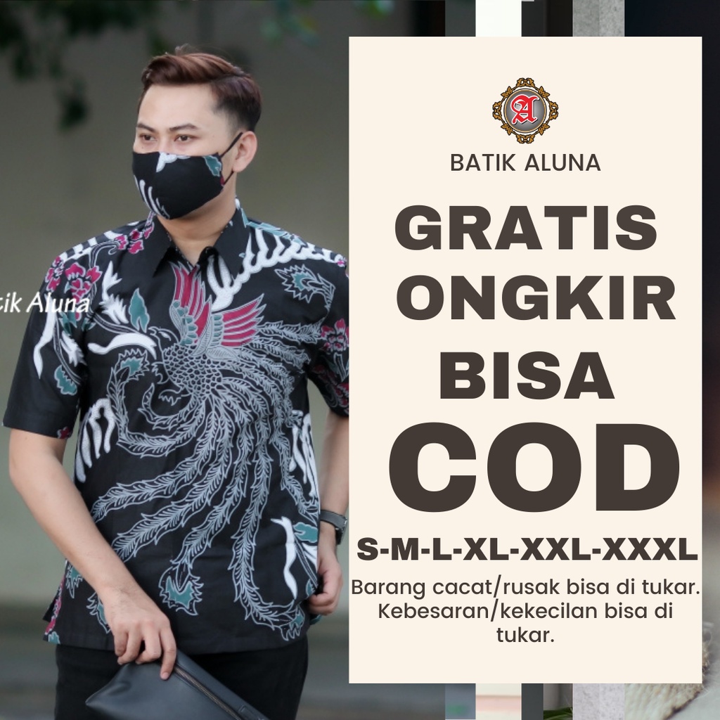 Baju pria batik lengan pendek dewasa ukuran jumbo Kemeja Batik Cowok Aluna Premium Solo PD023