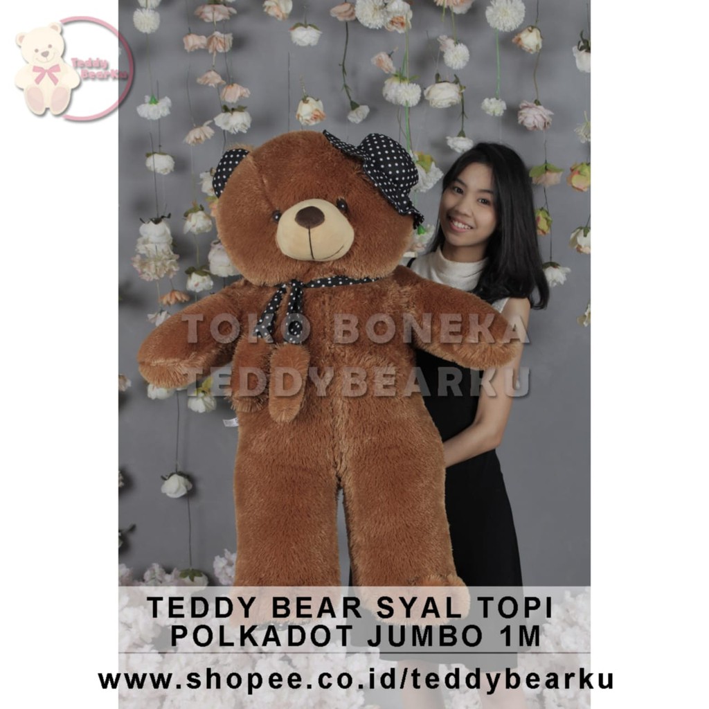 TERMURAH! BONEKA BERUANG TEDDY BEAR TOPI SYAL POLKADOT JUMBO 1 METER LUCU SUPER BESAR