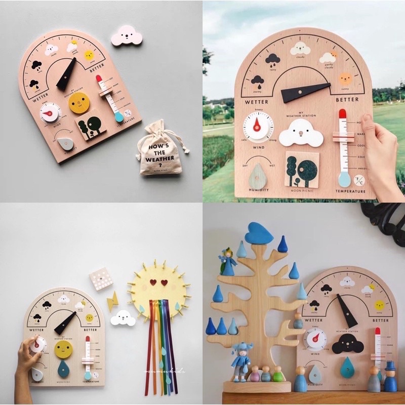 moon picnic wooden weather station board papan pengenalan cuaca