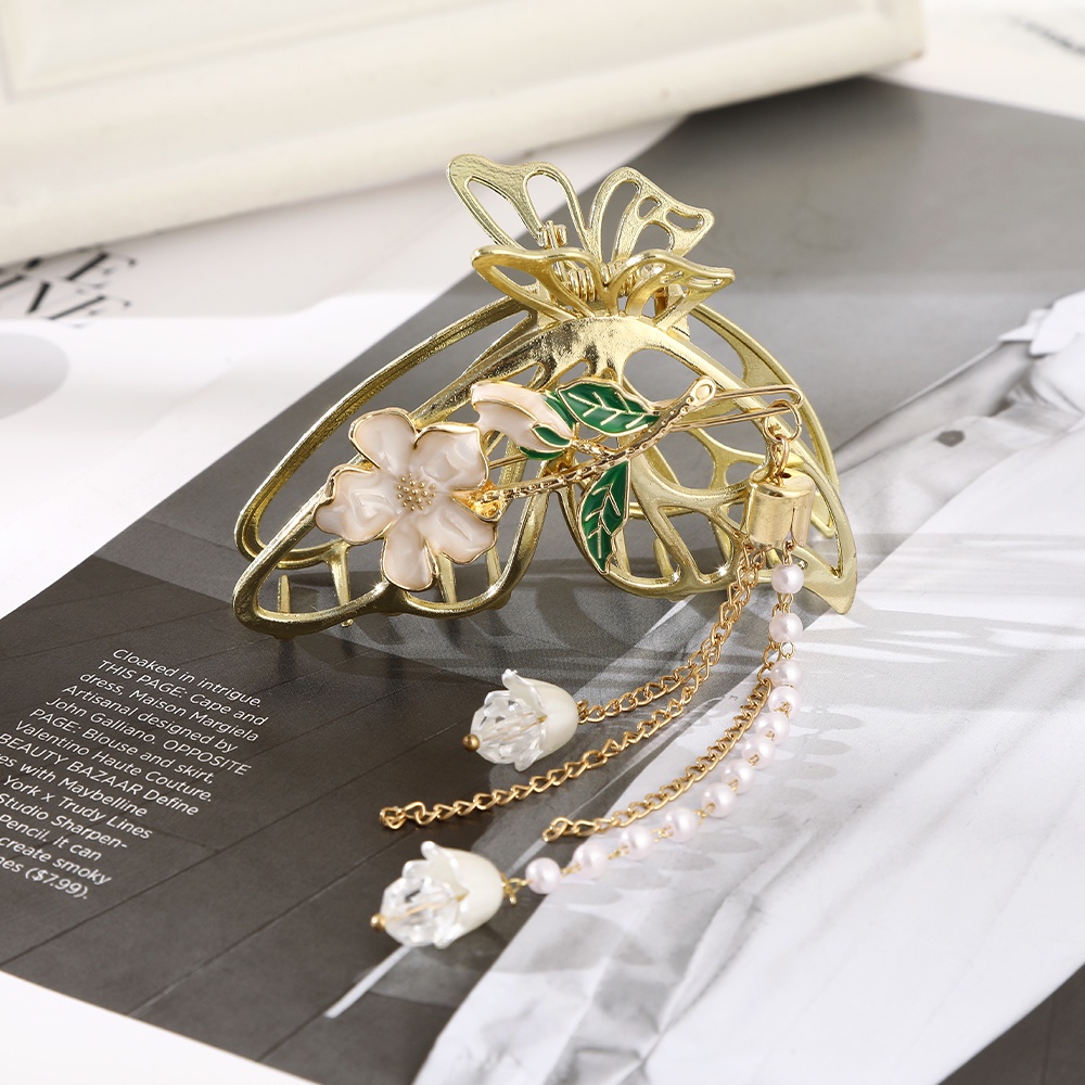 Korea Alloy Emas Bunga Mutiara Rambut Klip Besar Ponytail Clip Woman Fashion Hair Claw Aksesoris Rambut