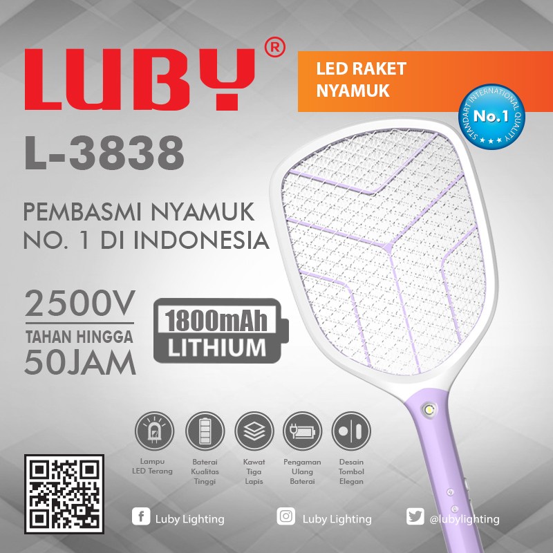 Raket Nyamuk Listrik Luby L-3838 Baterai Lithium 18650