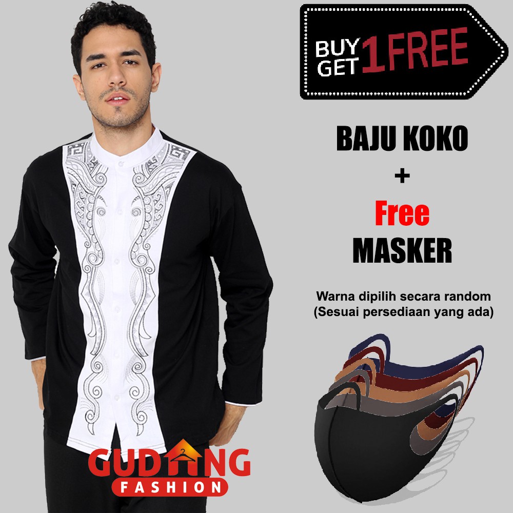 Koko Panjang Bordir Baju Kemeja Pria Muslim Plus Free Masker