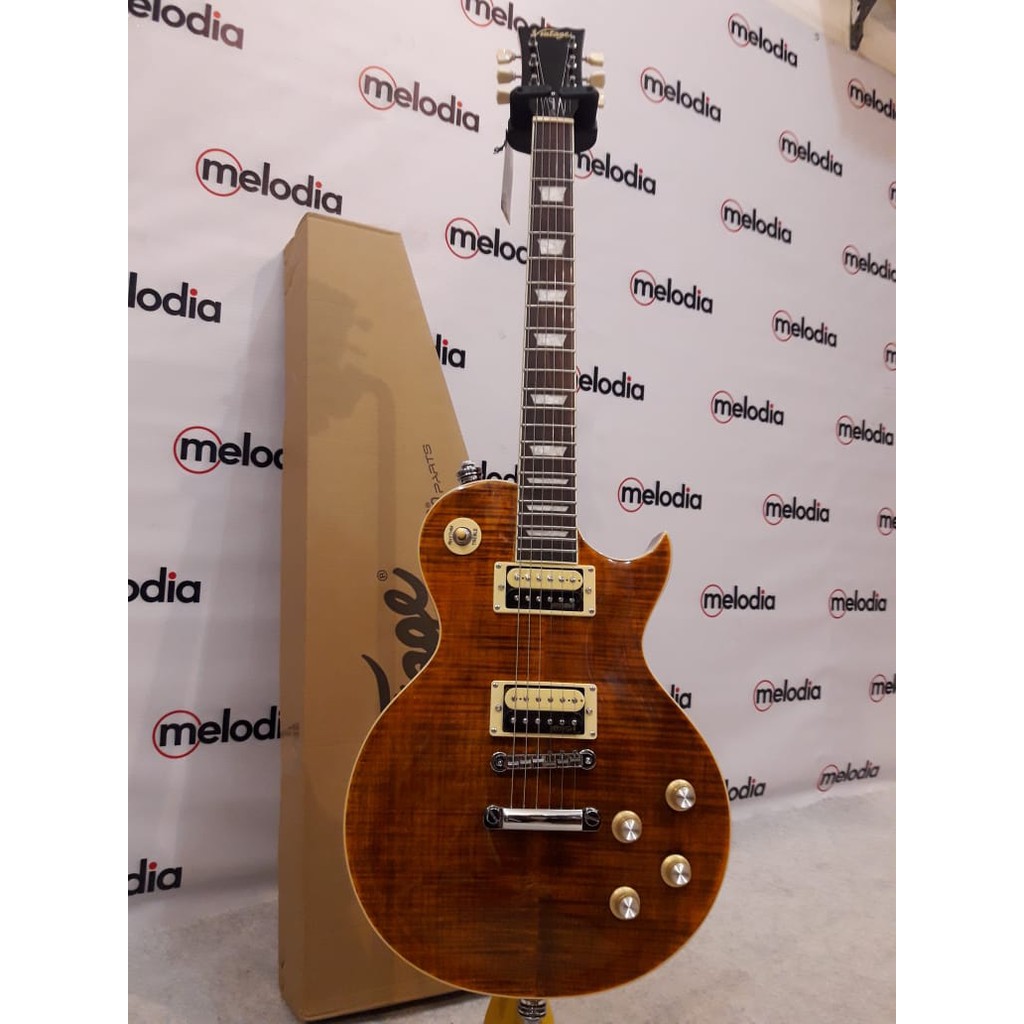 Vintage V100 Afd Paradise Flame Amber Finish Electric Guitar Shopee Indonesia