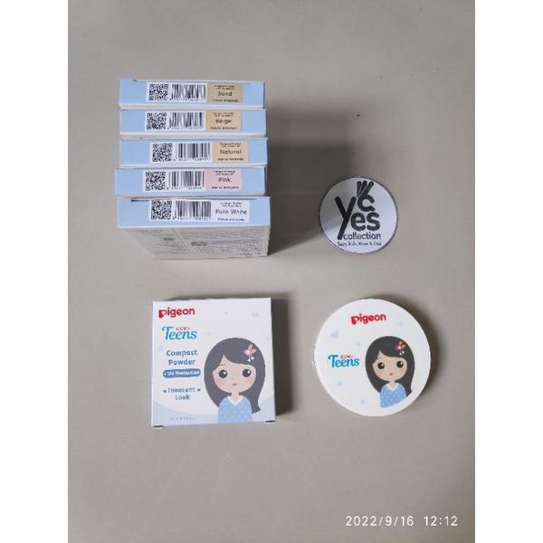 Bedak Padat Anak Pigeon Teens Compact Powder BIRU UV Protection Tempat Kaca + Refil + Puff Makeup Remaja Natural Beige Sand Pure White Pink