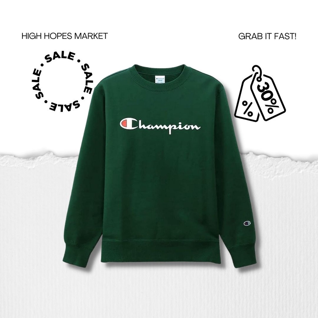 CREWNECK / CN CHAMPION BIG LOGO SCRIPT JAPAN MARKET GREEN ARMY ORIGINAL (COD)