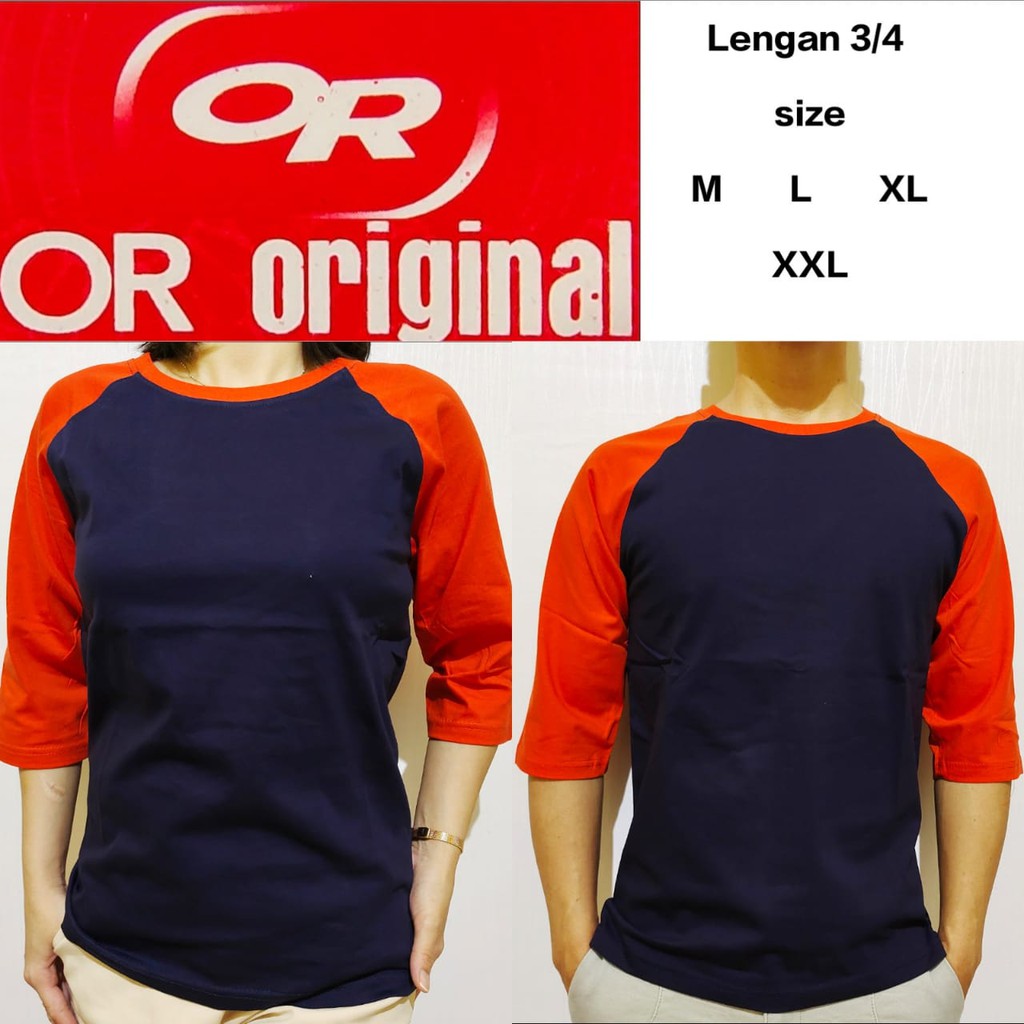 Kaos polos reglan biru navy lengan orange 3/4 M L XL XXL