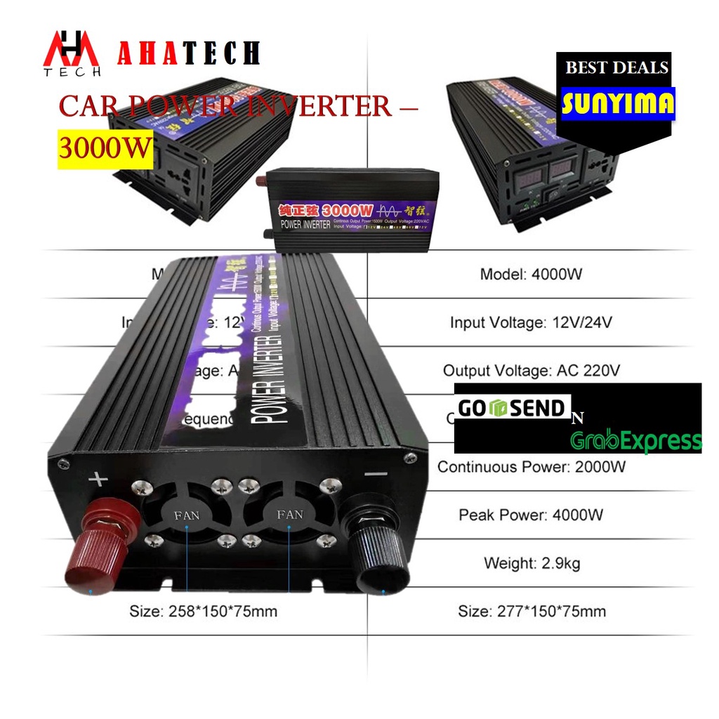 3000W SUNYIMA Car Power Inverter DC 12V to AC 220V Gelombang Sinus Murni BLACK