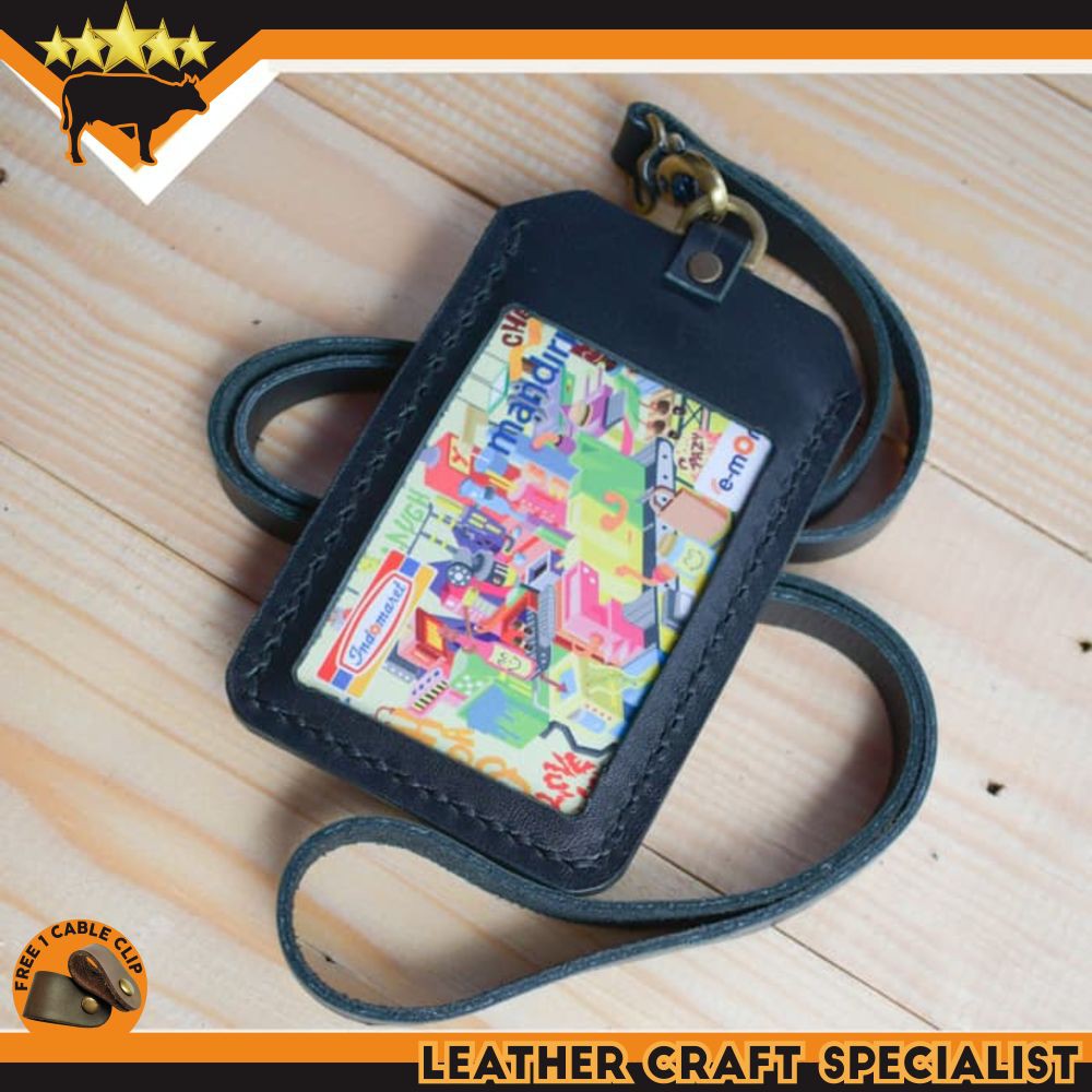 

GANTUNGAN ID CARD KULIT ASLI WARNA HITAM | ID CARD HOLDER NAME TAG PROMO FREE CABLE CLIP