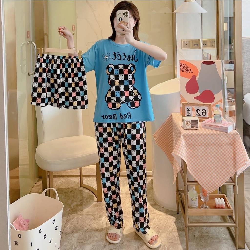 AJW Shop Piyama 3in1 | Piyama Import Dewasa | Setelan Wanita Kekinian | Baju Tidur Wanita Dewasa-BearKotak Blue