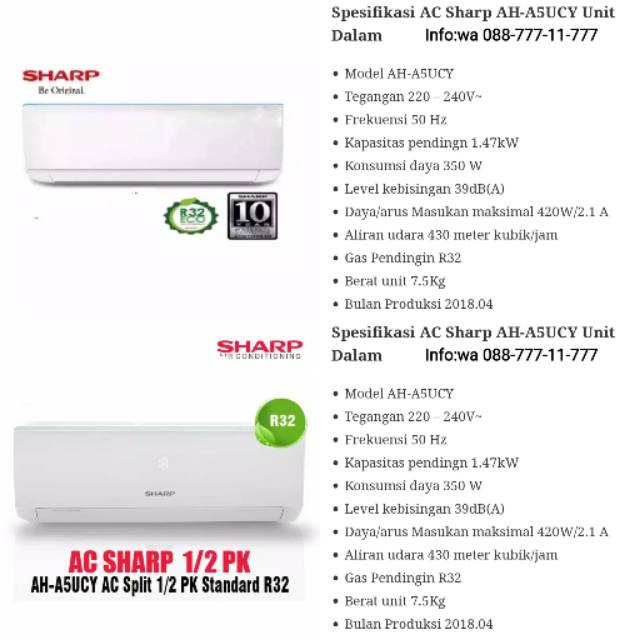 Saya menjual Ac hemat Sharp 05ucy 05pk r32 hemat low350watt utk 3x3m grs10T utk Cirebon Kota