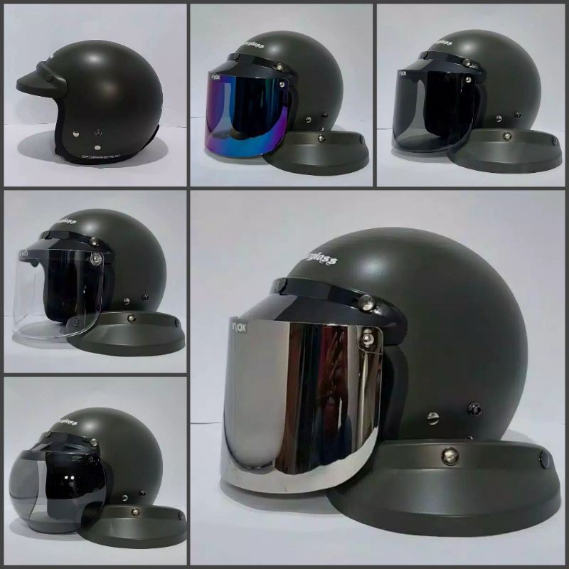 Helm bogo/retro cargloss hijau army doff set kaca datar/cembung/pet