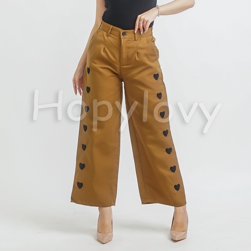 HOPYLOVY - Celana Kulot Wanita Bahan Katun American Drill Bordir Love Ginata