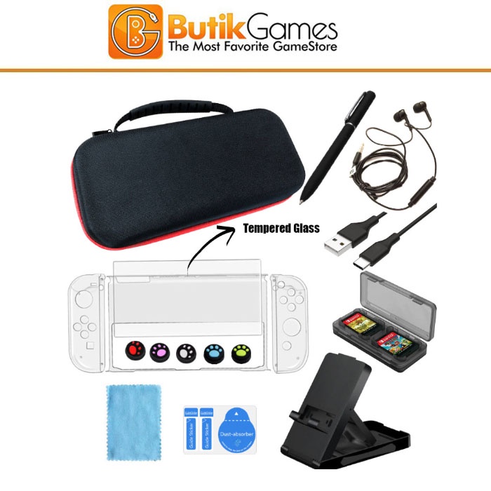 Tas Crystal Case Game Card Tempered Glass Stand Handsfree Switch OLED