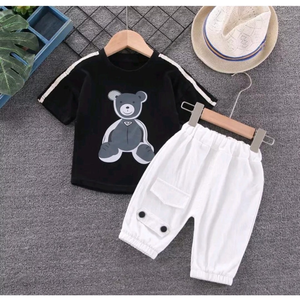 PROMO SETELAN BAJU ANAK ANAK BAJU ANAK SETELAN ANAK LAKI LAKI DAN PEREMPUAN SETELAN BEAR KANTONG 1-5 TAHUN BAJU ANAK /ATASAN ANAK PAKAIAN ANAK HARGA GROSIR-HITAM