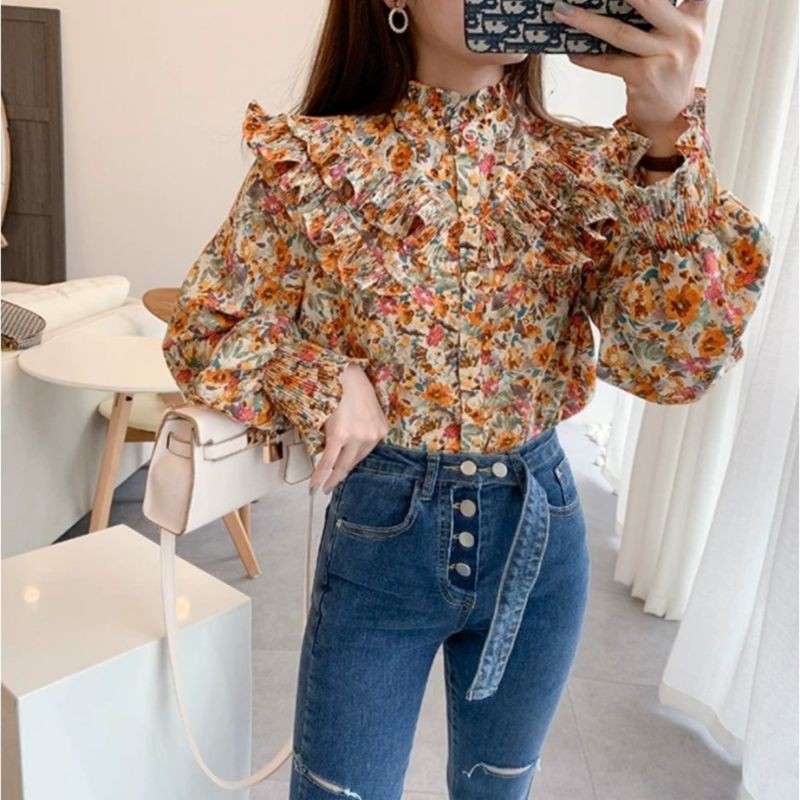 2868 Atasan Bunga Rample puff bunga import wanita Baju Blouse Vintage Balon cewek Baju kantor bunga