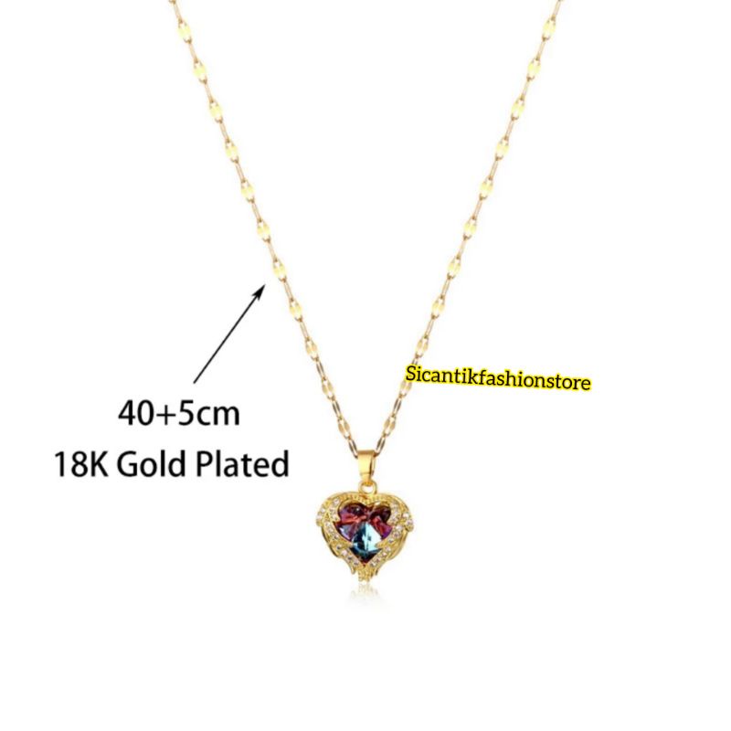 Kalung Wanita Titanium Liontin Love Permata Kristal 18k Gold  Anti Karat selamanya Kalung Titanium Wanita Terbaru Terlaris Mewah Liontin Love Kristal