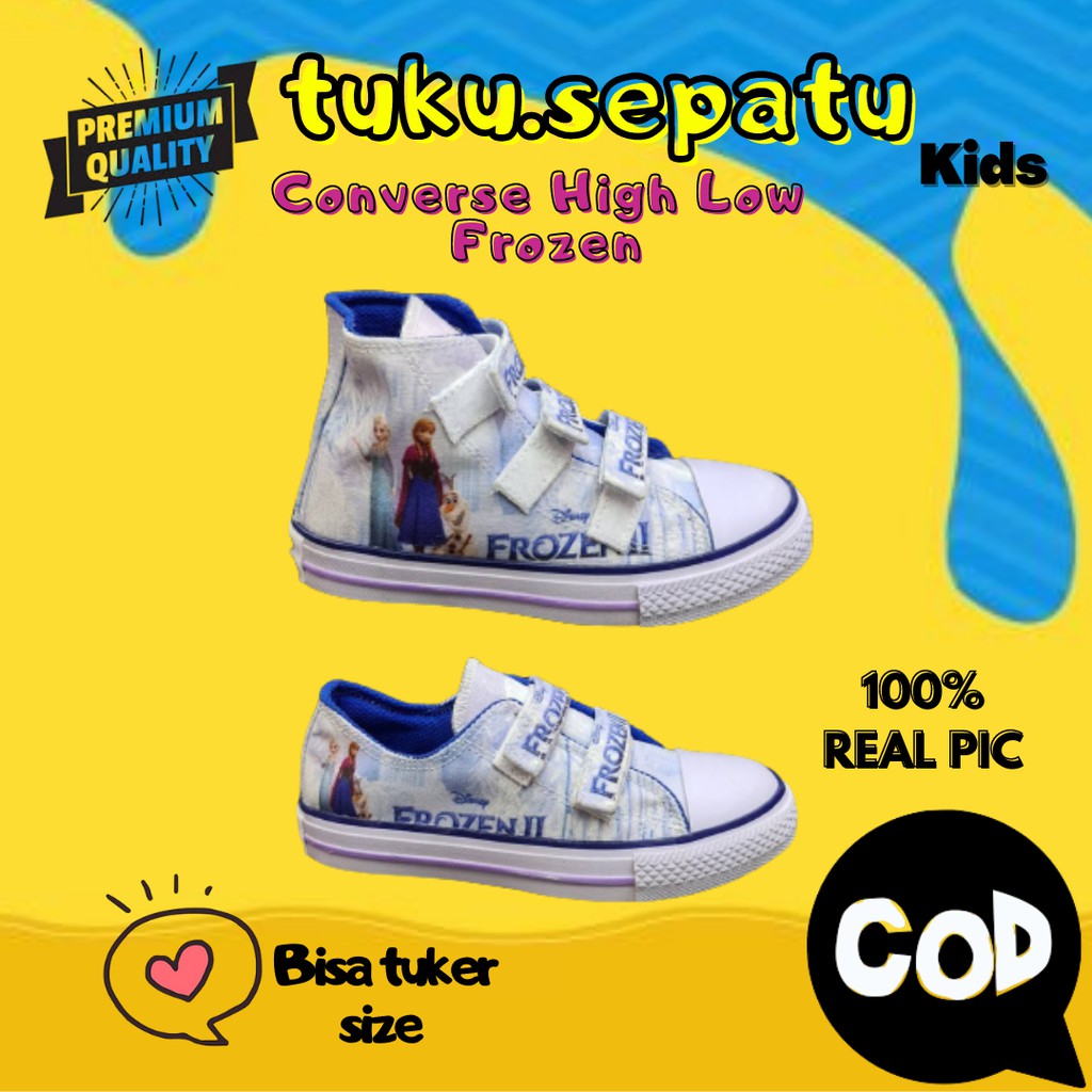 Sepatu Anak Cewek Perempuan Converse karakter frozen High Low Sneaker Velcro Umur 3 4 5 6 7 Tahun