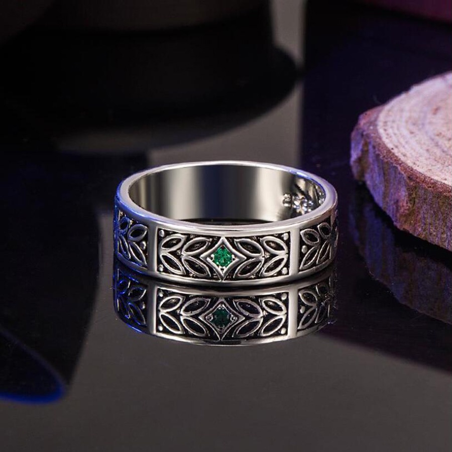Perak Antik Zamrud Cincin Berlian Baja Titanium Pola Daun Fashion Pria Punk Band Rings