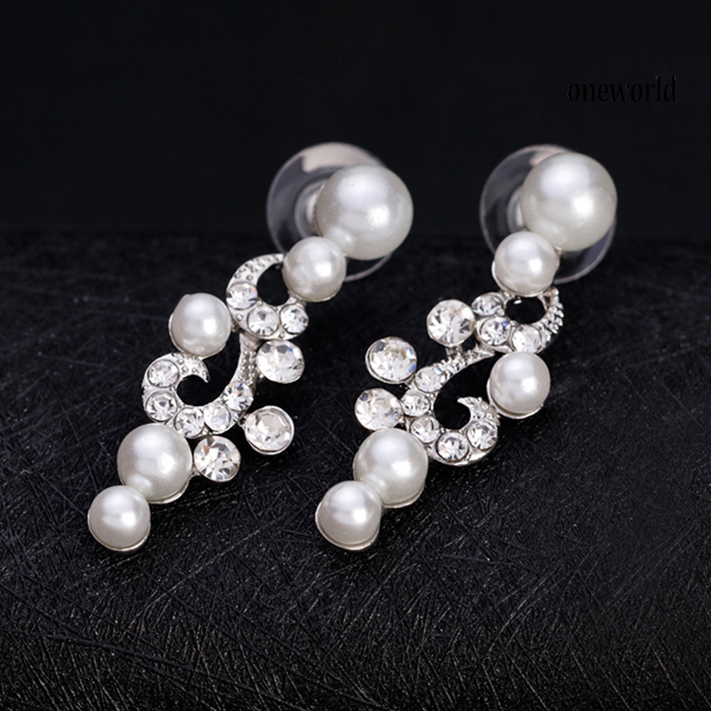 OW@ Fashion Alloy Rhinestone Faux Pearl Necklace Earrings Women Bride Jewelry Set