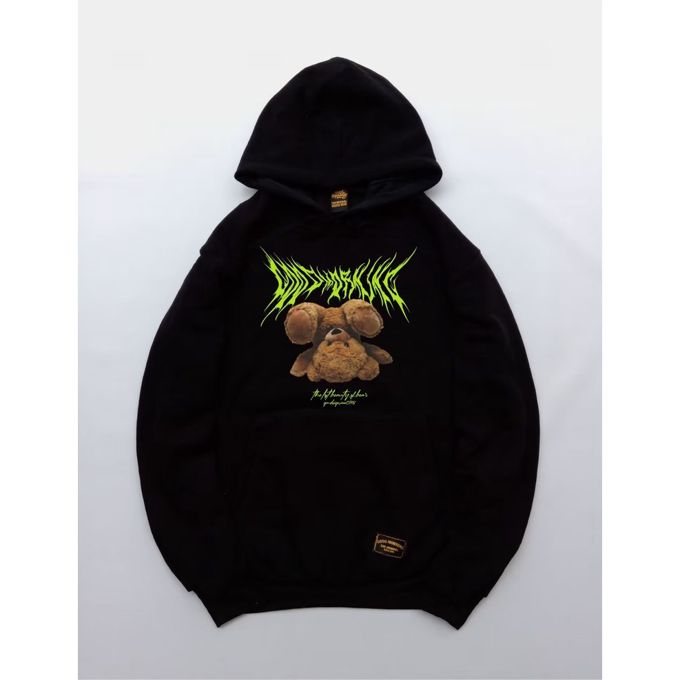 Good Morning hoodie sweater pria warna hitam art grafity hijau teddy GMSH110