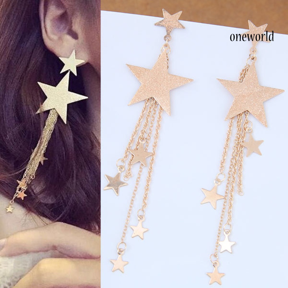 OW@ Women Five-Pointed Star Long Tassel Dangle Stud Earrings Piercing Jewelry Gift