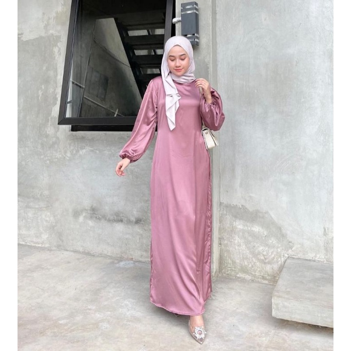 Maxi dress silky satin premium polos satin silk murah gamis pesta satin bridesmaid lengan balon