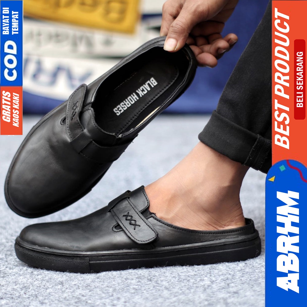 ABRHM JLOP Sepatu Sandal Casual Sneakers Kulit Bustong Tutong Pria Hitam