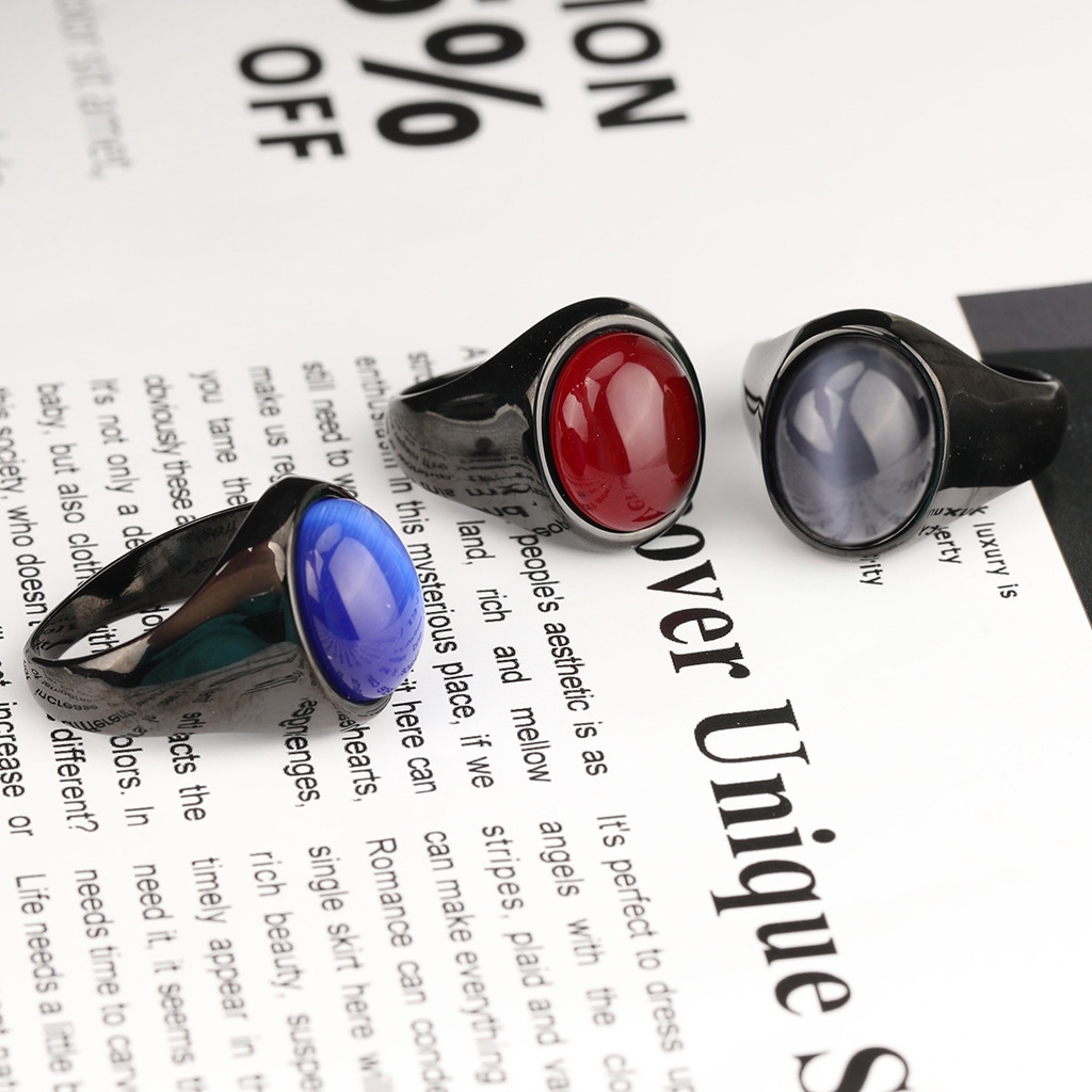 Cincin Bahan Titanium Steel Aksen Batu Ruby Sapphire Warna-Warni Gaya Punk Untuk Pria