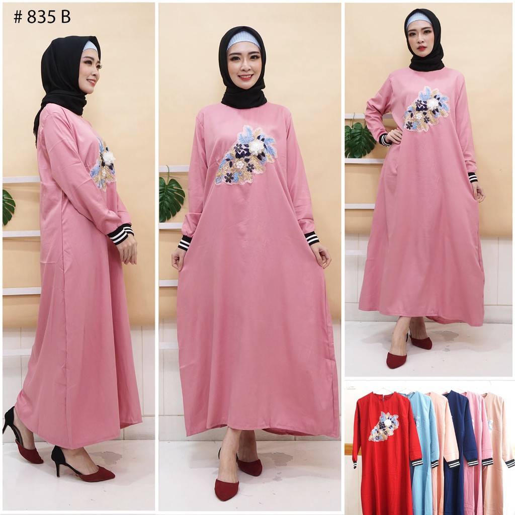 [JakartaFashion] gamis moscrepe size jumbo aksen bunga import cantik dada koleksi lebaran maxy dress