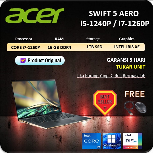 LAPTOP ACER SWIFT 5 Aerospace i5-1240P / i7-1260P 16GB 1TBSSD 14 WQXGA