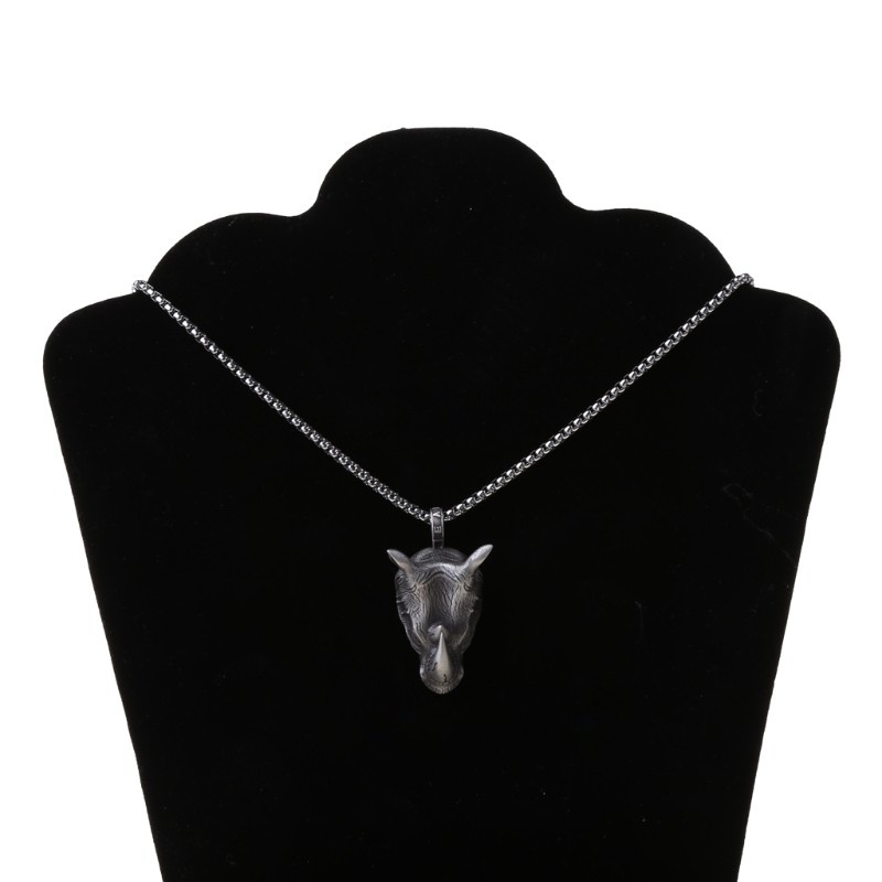 Glitter Vintage Norse Rhinoceros Pendant Necklace for Men Biker Punk Rock Animal Rhino Head Pendants with 24 inch Steel Chain