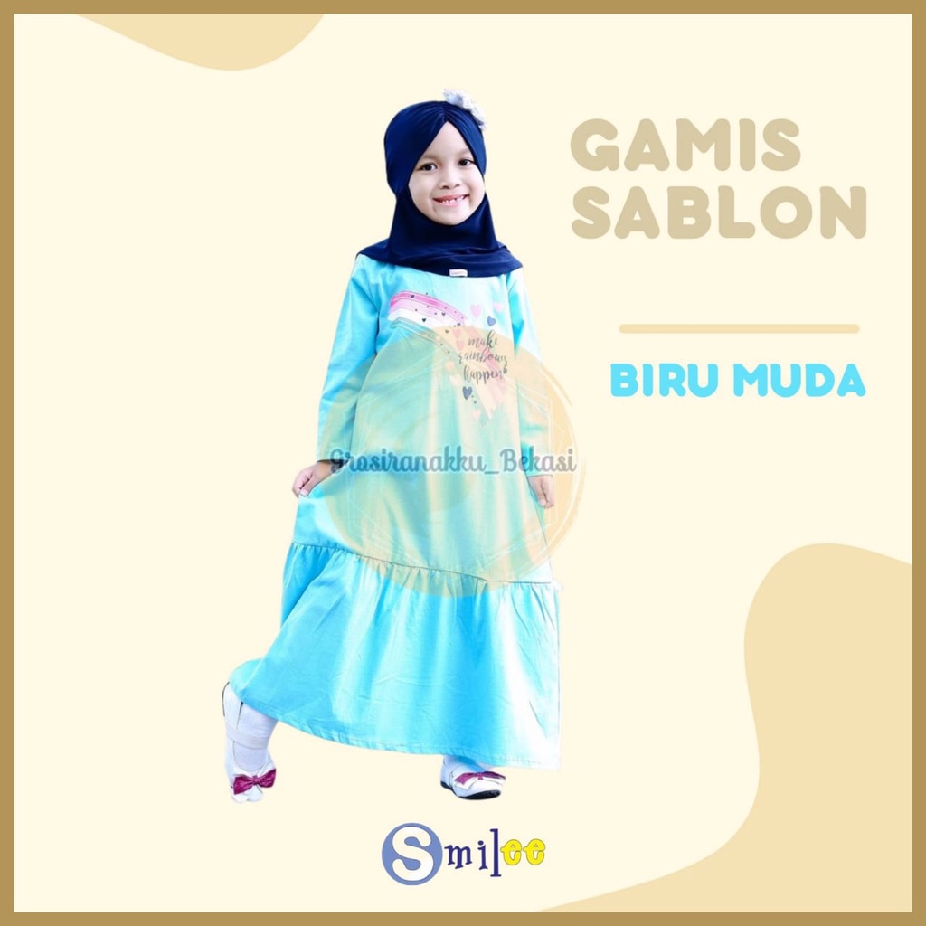 Gamis Kaos Anak Aplikasi Sablon Warna Biru Muda Size 2-8Tahun