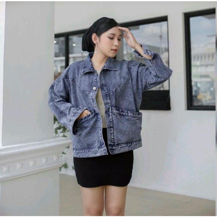 JAKET JEANS ALMA SANDWASH JUMBO LD 100-146 BAHAN DENIM JAKET WANITA CROPTY BIGSIZE-JOSEPH SW BIRU LD120