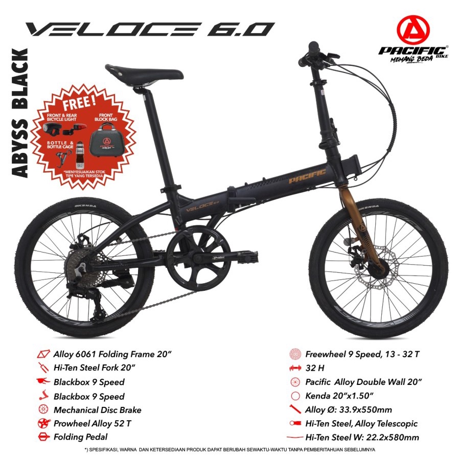 SEPEDA LIPAT PACIFIC VELOCE 6.0 20” 9 SPEED FRAME ALLOY MECHANICAL DISC BRAKE BICYCLE FOLDING BIKE