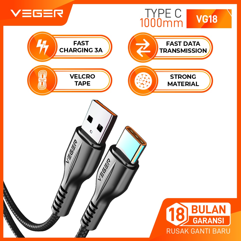 VEGER Kabel Data Cable VG-18 USB TYPE C TYPE-C QC 3.0 Fast charging ( 1M / 100cm / 1000mm )