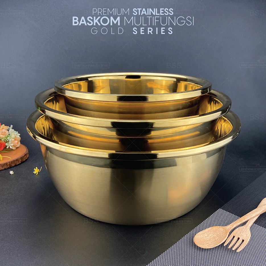 Baskom Wadah Stainless Gold 36cm tinggi tebal Warna Emas Multi Fungsi Tempat Sayur Daging Makanan