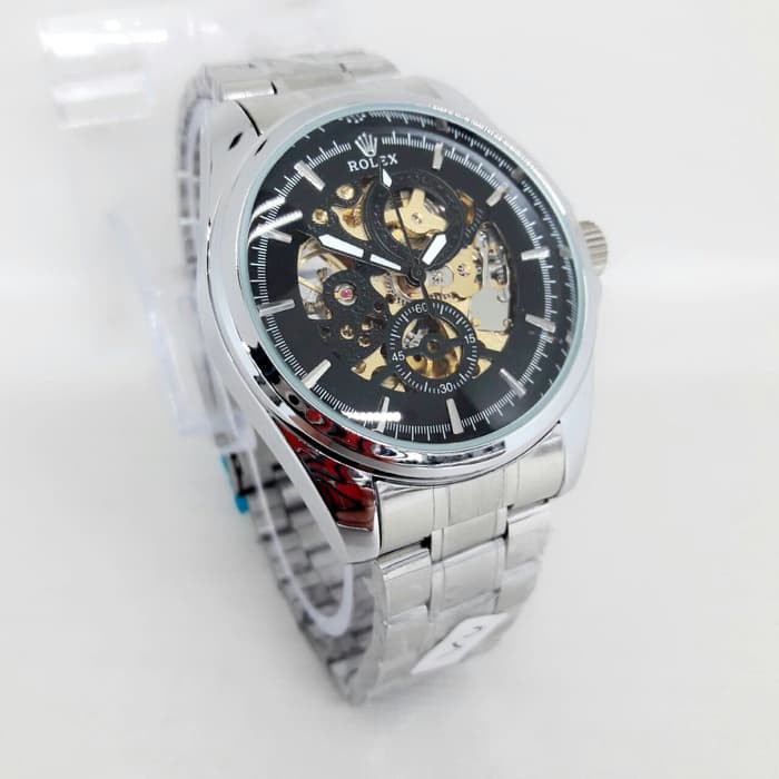 JAM TANGAN PRIA ROLEX RANTAI AUTOMATIC SILVER COVER BLACK GOLD