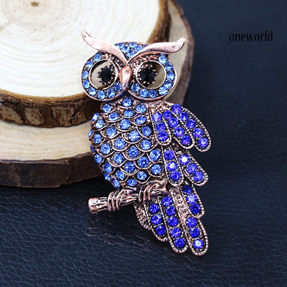 OW@ Unisex Retro Cartoon Owl Inlaid Rhinestone Hollow Brooch Pin Clothing Accessory