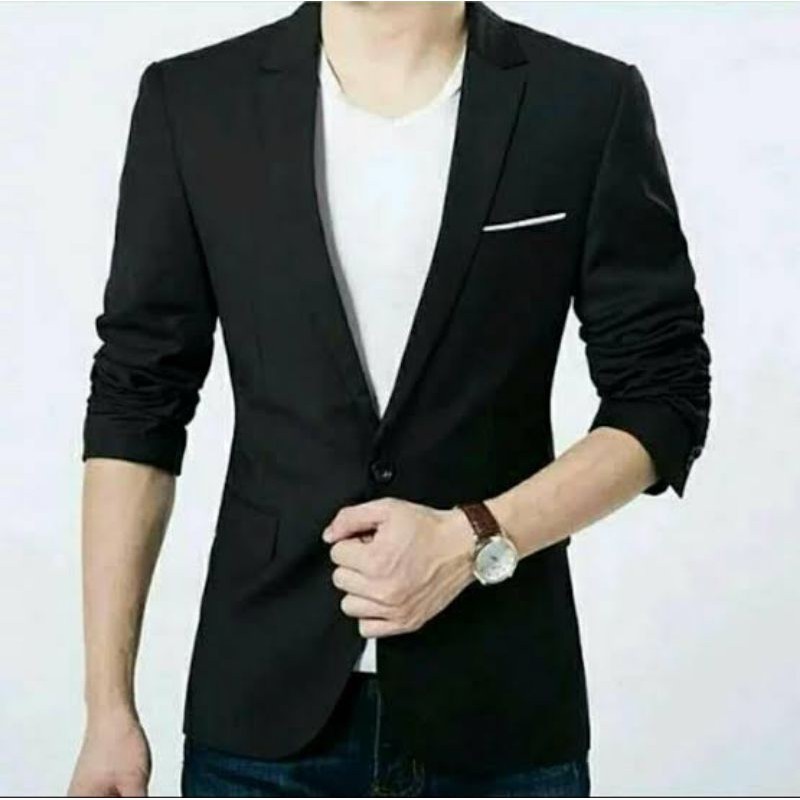 JAS BLAZER PRIA LIST PUTIH BAHAN JETBLACK SLIM FIT