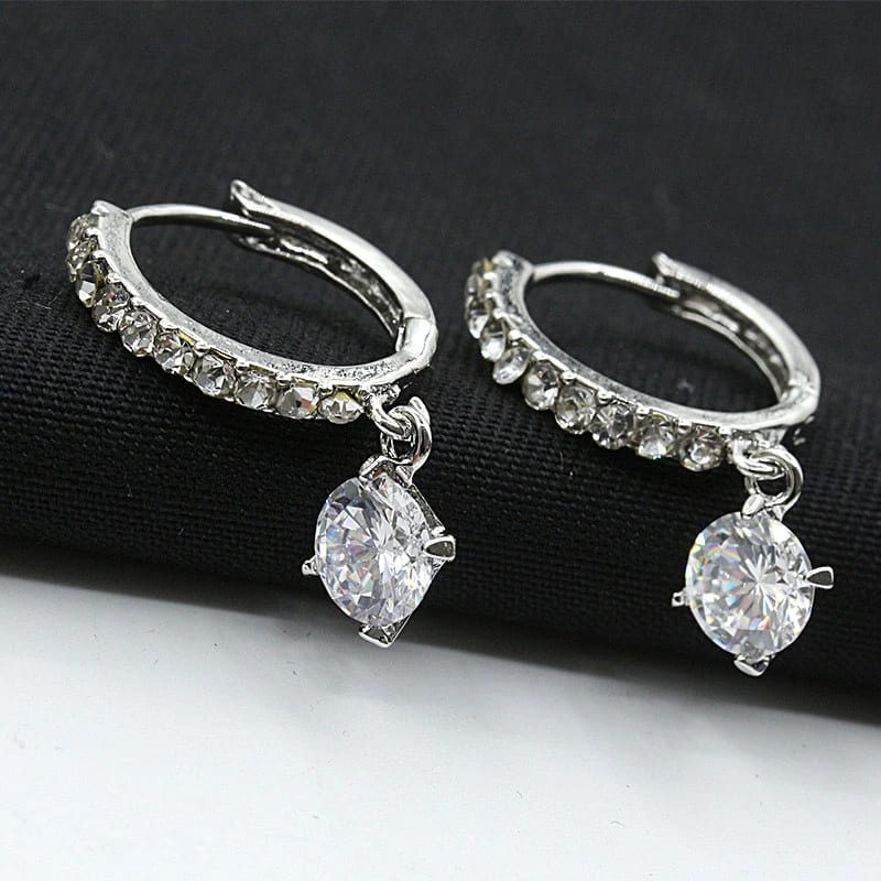 Anting Tusuk Silver Gantung Kristal Permata Solitare Elegan 1 Pasang ala Wanita Korea Dalika