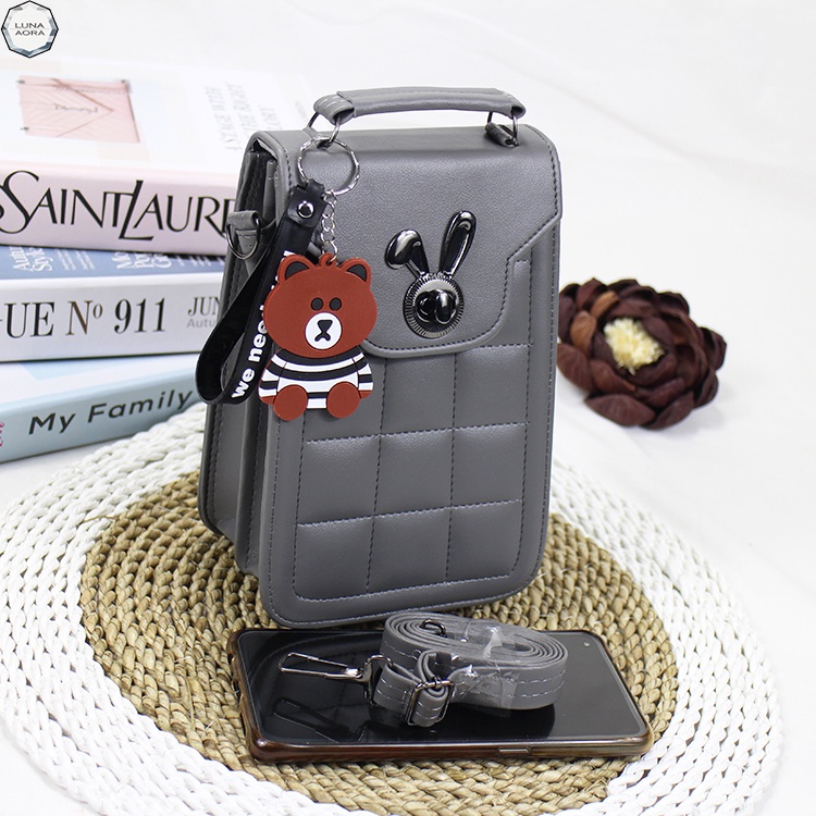 LUNA AURA Tas Kotak Hp Wanita Minixo Bordil Kunci Kelinci Black Nekkel DK 10 Tas Handphone Kekinian Tas Selempang Hp Tas Pouch Wanita Terbaru-Abu Abu