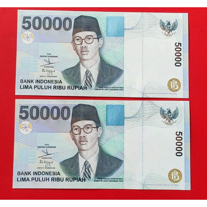 2 lembar Urut Uang 50.000 rupiah WR Supratman 1999 Grade UNC, Prefix "ESA"