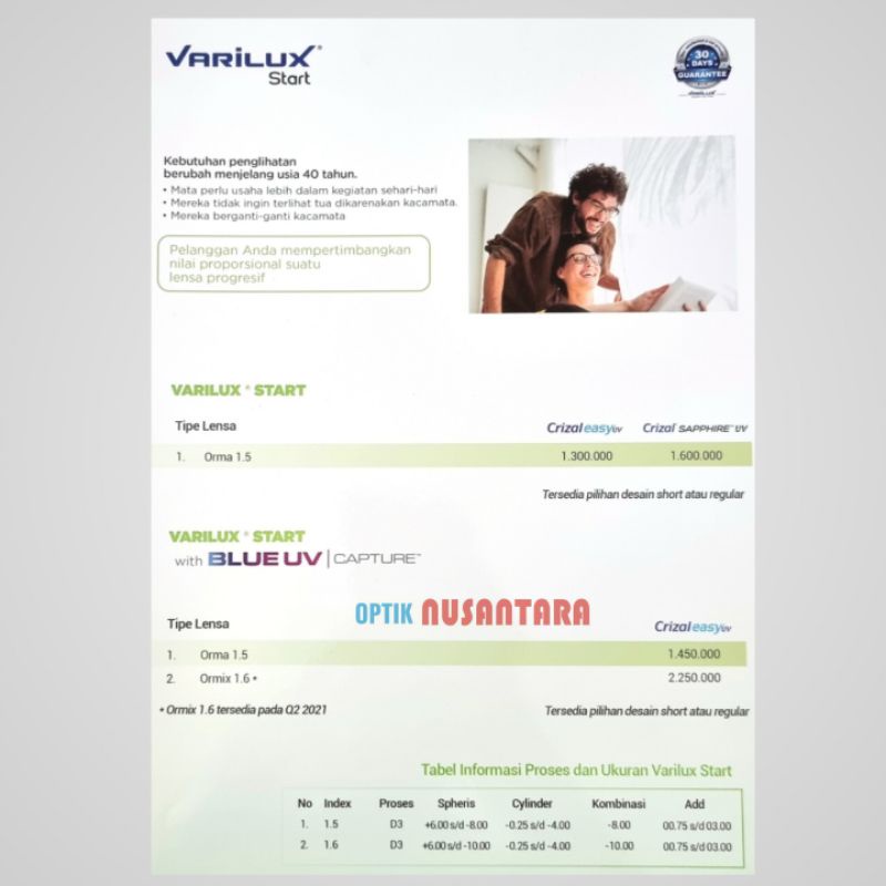 Lensa Kacamata Progresif Varilux Start Crizal Sapphire Uv 1.5 Essilor
