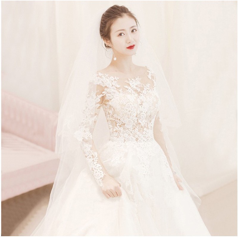 Fashion Puith Gaun Pengantin Renda Lengan Panjang Gaun Pesta Pengantin White Lace Wedding Dress